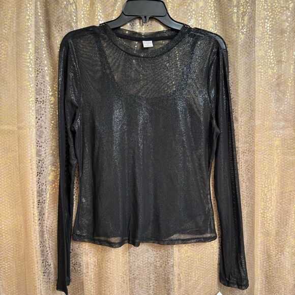 Tinsel Town Black Iridescent Shimmer Mock Neck Metallic Sheer Long Sleeve Top XL - Picture 1 of 6